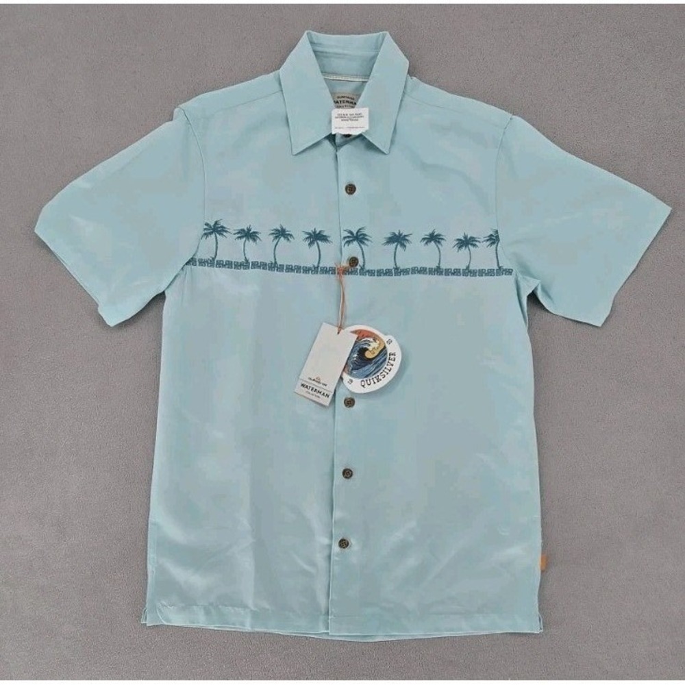 Quiksilver Waterman Tahiti Palms Embroidered Button Down Shirt Blue Small NWT